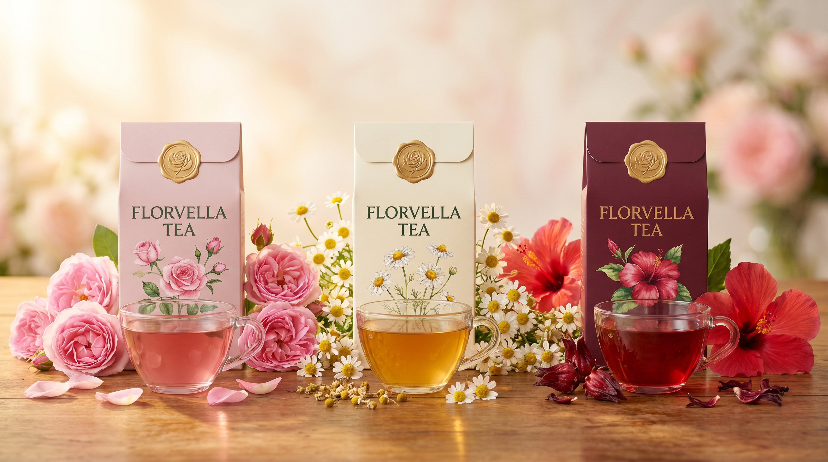 The Florvella trio — Rose Bloom, Chamomile Calm, Hibiscus Bliss — with brewed cups and abundant fresh flowers.