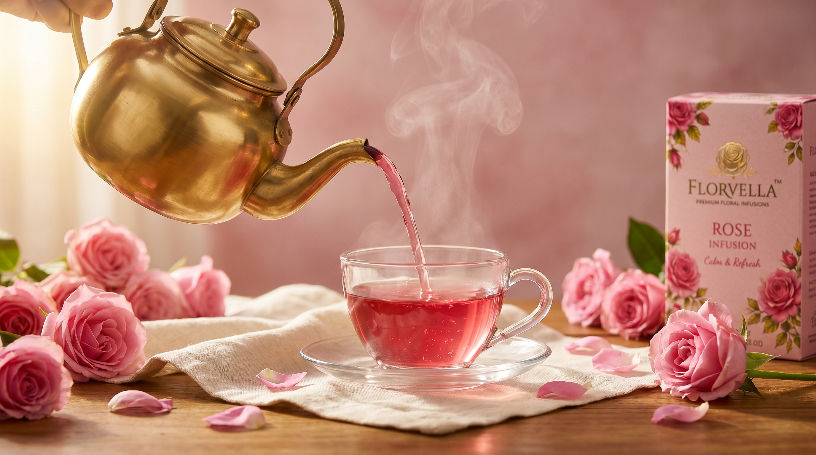 A brass teapot pouring brewed rose tea into a glass teacup.