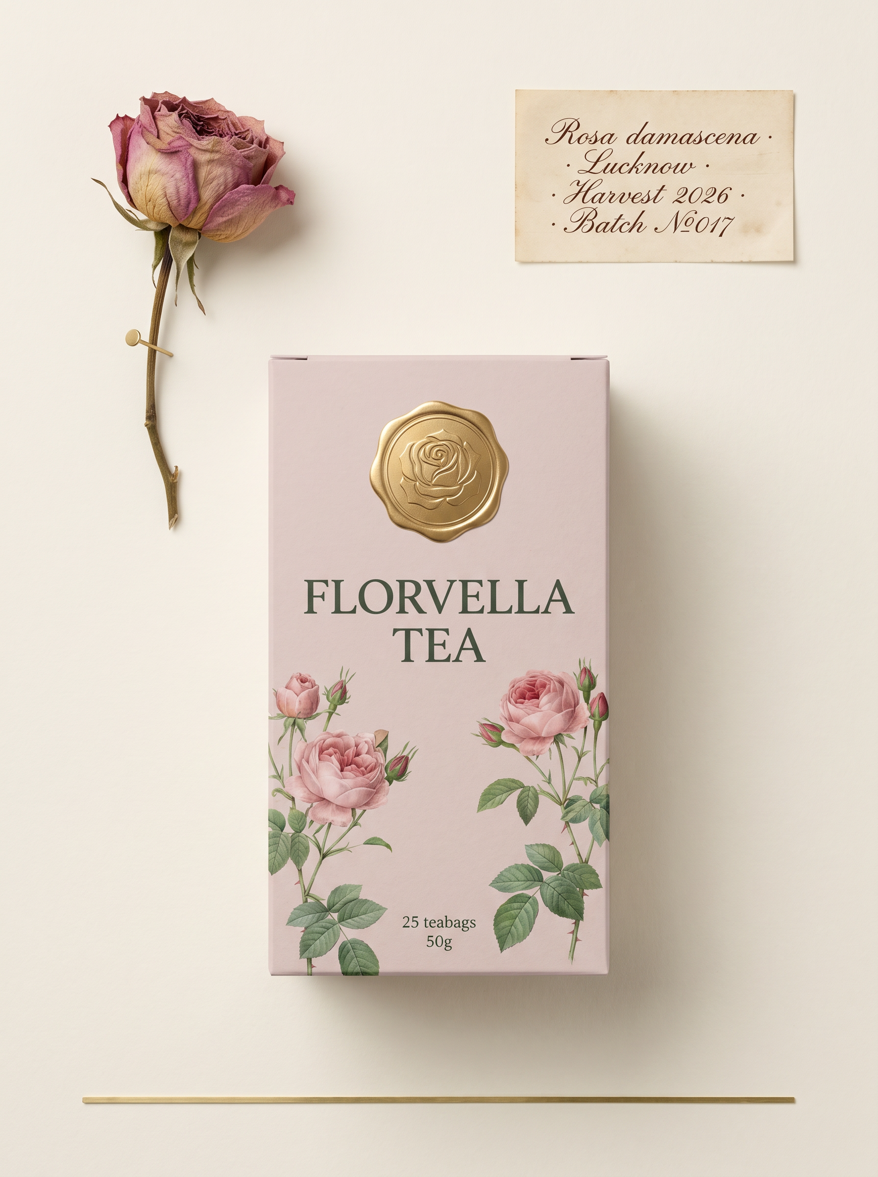 A botanical plate composition for Florvella Rose Bloom — the carton centred, copperplate Latin label, single dried rose pinned to the page.