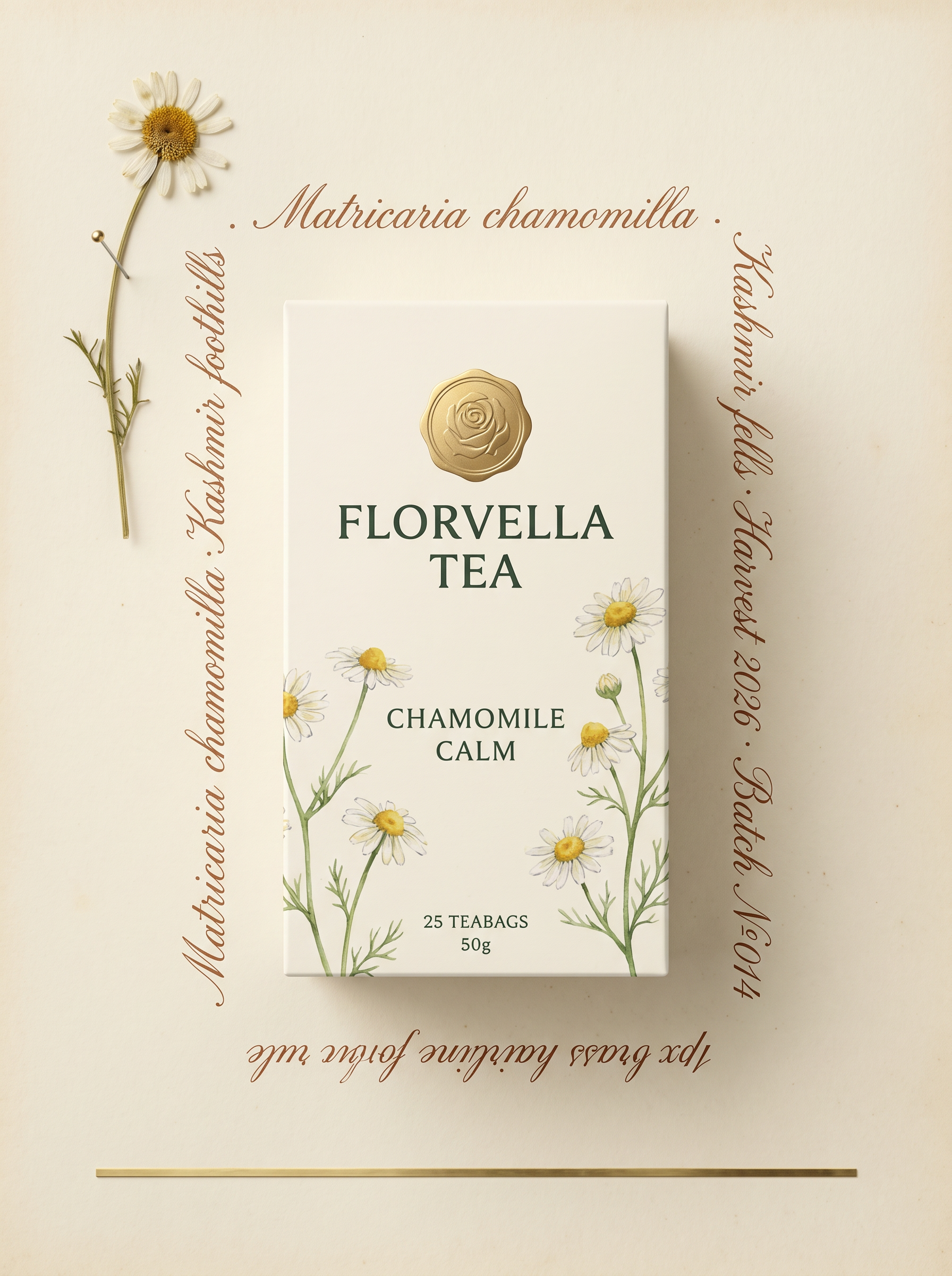 A botanical plate composition for Florvella Chamomile Calm — the carton centred, copperplate Latin label, dried chamomile pinned to the page.