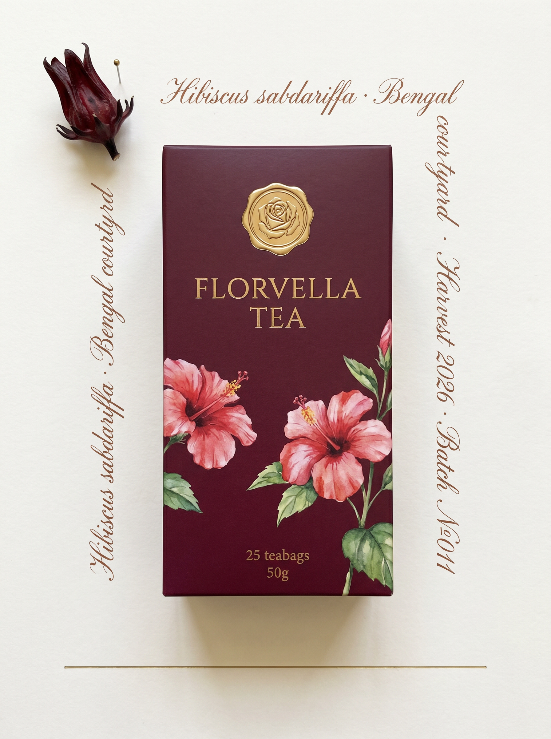 A botanical plate composition for Florvella Hibiscus Bliss — the carton centred, copperplate Latin label, dried hibiscus calyx pinned to the page.